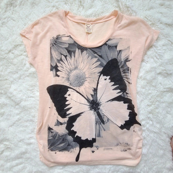 Faded Glory peach cap sleeve butterfly screen print tee w/rhinestone details Med - Picture 2 of 9